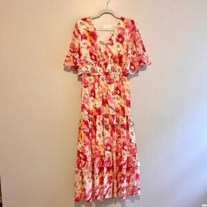 Henly Size M Pink Yellow Tiered Maxi Dress Short Sleeves V-Neck